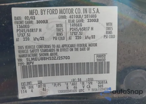 2003 Lincoln Aviator из США, поврежденный, VIN 5LMEU88H53ZJ25703